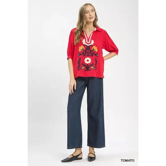 Umgee Mixed Media V-Neck Print Blouse - Picture 4 of 4